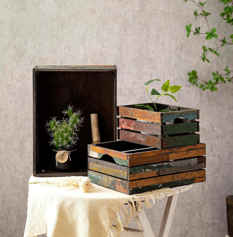 TIMRIS Set of 3 Rustic Distressed Wood Nesting Crates, Farmhouse Decorative Wooden Storage Boxes, Large Vintage Reclaimed Wood Baskets for Display (Random) - Image 5